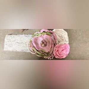 Homemade - Floral Lace Headband with Pink, Green and Cream Flowers